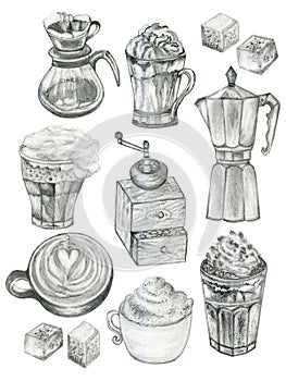 Element Sketch pencil line of Coffee drink sugar and machine maker and grinder Illustrations design for backdrop, restaurant, cafe
