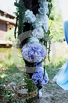 Element wedding arch decorated with hydrangeas.Specific photo