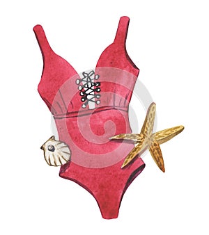 Watercolor composition of red maillot swimsuit, starfish, seashell.