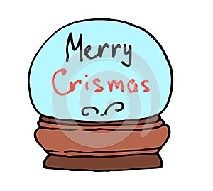 An element for a winter holiday with a Doodle vector drawing of a snow globe in black outline in blue and merry Christmas