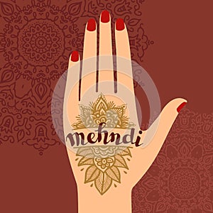 Element yoga mudra hands with mehendi patterns. Vector illustration for a yoga studio, tattoo, spas, postcards, souvenirs.