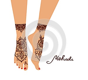 Element yoga mudra legs with mehendi patterns. Vector illustration for a yoga studio, tattoo, spas, postcards, souvenirs.