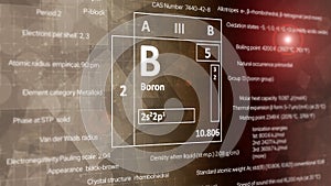 Elemental boron concept from the periodic table of chemical elements. Light brown and red background