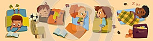 Elementary Class Bedtime Character Illustration. Kindergarten Multiracial Children Nap Time, Girl Friend Gossip. African