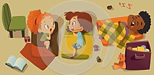 Elementary Class Bedtime Character Illustration. Kindergarten Multiracial Children Nap Time, Girl Friend Gossip. African