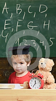 Elementary education concept. Pupil in mortarboard, chalkboard on background. Kid studies near alarm clock and teddy