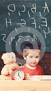 Elementary education concept. Pupil in mortarboard, chalkboard on background. Kid studies near alarm clock and teddy