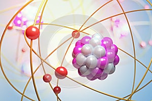 Elementary particles in atom. Physics concept. 3D rendered illustration