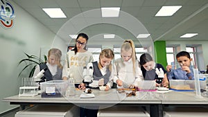 Elementary school biology class. Children studing biology, chemistry in school laboratory.