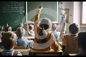 elementary school classroom, school kids actively engaged in learning, raising their hands