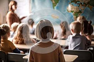 elementary school classroom, where a group of school kids is seated teacher in geography lesson