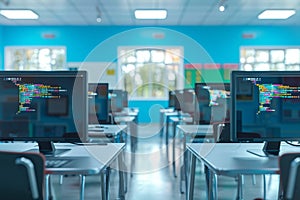 Elementary School Computer Classroom, Coding for Schoolchildren, Modern Education Concept