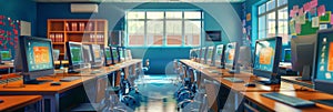 Elementary School Computer Classroom, Coding for Schoolchildren, Modern Education Concept