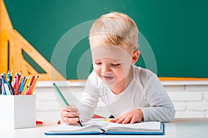 Elementary school and education. Portrait of Pupil of primary school study indoors. School teaching.