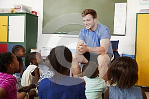 Elementary school kids sitting on floor listening a teacher