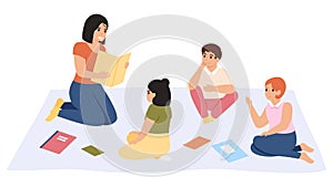 Elementary school lesson. Female kindergarten teacher reading book to children group vector illustration. Kindergarten