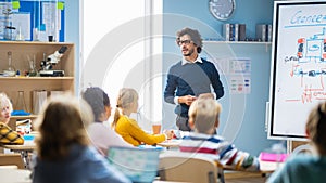 Elementary School Physics Teacher Uses Interactive Digital Whiteboard to Show to a Classroom full of