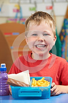 Elementary School Pupil With Unhealthy Lunch Box