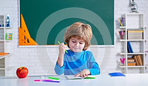 Elementary school. Schoolkid or preschooler learn. Portrait of Pupil of primary school study indoors. Home schooling.