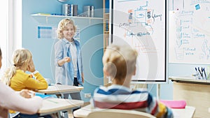 Elementary School Science Class: Cute Young Student Uses Interactive Digital Whiteboard to Show to a