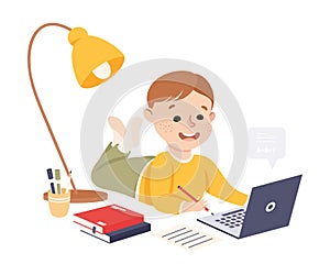 Elementary School Student Boy Studying Online Using Laptop Computer, Homeschooling, Distance Learning Concept Cartoon