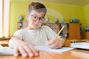 Elementary school student writing in notebook during class