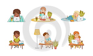 Elementary school students learning online using laptop computers set vector illustration