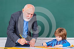 Elementary school teacher giving female pupil support in classroom. Individual teaching.