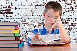 Elementary schoolboy focusing on his studies