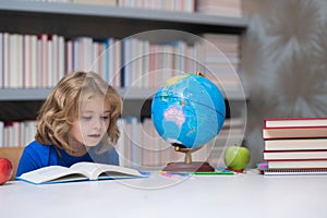 Elementary schoolboy. Kid reads books in the library. Schoolboy with book in school library. Literature for reading