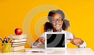 Elementary Student Girl Pointing Finger At Tablet Screen, Mockup