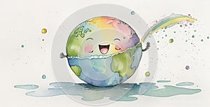 Elementary Watercolor Adventure: Cute Planet Earth Carried on a Magical Hour Day, Made with Generative AI