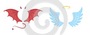 Elements of angel and devil. Blue and red wings, golden halo and horns, bat wings and tail. Halloween decorative costume