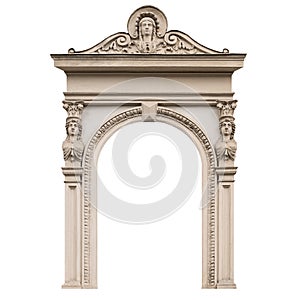 Elements of architectural decorations of buildings. An old arch with the heads of ancient goddesses