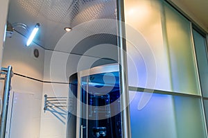 Elements of the bathroom interior-modern design, chrome details, parts of the shower cabin