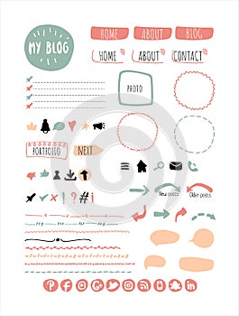 Elements for blog design kit. A set of web elements for a blog or website. The set contains borders, dividers, social network icon