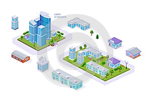 Elements city construction infrastructure isometric set. Town map district cityscape exterior