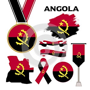 Elements Collection With The Flag of Angola Design Template. Angola Flag, Ribbons, Medal, Map, Grunge Texture and Button