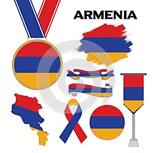 Elements Collection With The Flag of Armenia Design Template. Armenia Flag, Ribbons, Medal, Map, Grunge Texture and Button