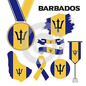 Elements Collection With The Flag of Barbados Design Template. Barbados Flag, Ribbons, Medal, Map, Grunge Texture and Button