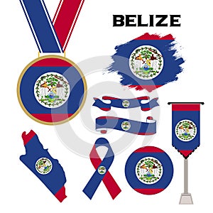 Elements Collection With The Flag of Belize Design Template. Belize Flag, Ribbons, Medal, Map, Grunge Texture and Button