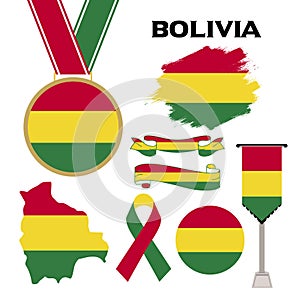 Elements Collection With The Flag of Bolivia Design Template. Bolivia Flag, Ribbons, Medal, Map, Grunge Texture and Button