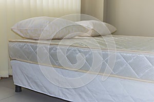 elements of a double bed frame with soft mattress cover and pillows