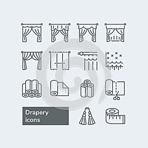 Elements for drapery and curtain shop. Vector line icons with drapes. Different styles of draperies, curtains and tulle.