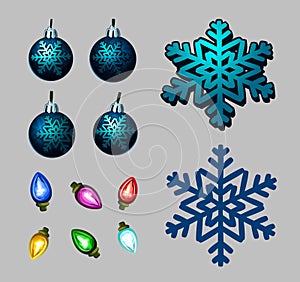 Elements of garland with Christmas balls and snowflakes