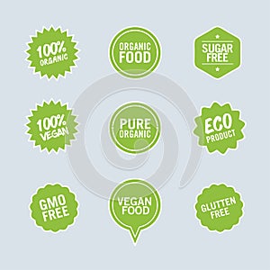 elements from healthy food packaging labels, vegetarian food stamp, and natural pure product information banner.