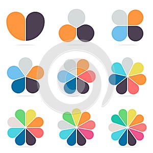 Elements for infographics. Pie charts, diagrams with 2- 10 petals.