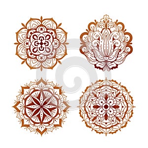Elements mehndi. Henna tattoo ethnic ornaments collection, oriental round mandalas, indian traditional floral laces