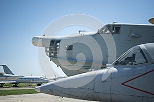 elements of a military aircraft. plane landing on the water. the plane is an amphibian. Old military plane. fighter, bomber.