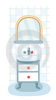 Elements for modern bathroom. Mirror, shelf and sink. Interior, flat icon design. Set. Sanitary Ware Objects